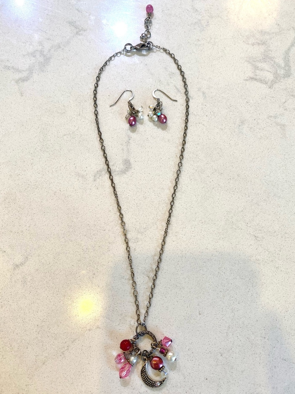 Handmade beaded pink, pearl and silver earring and necklace set with moon charm